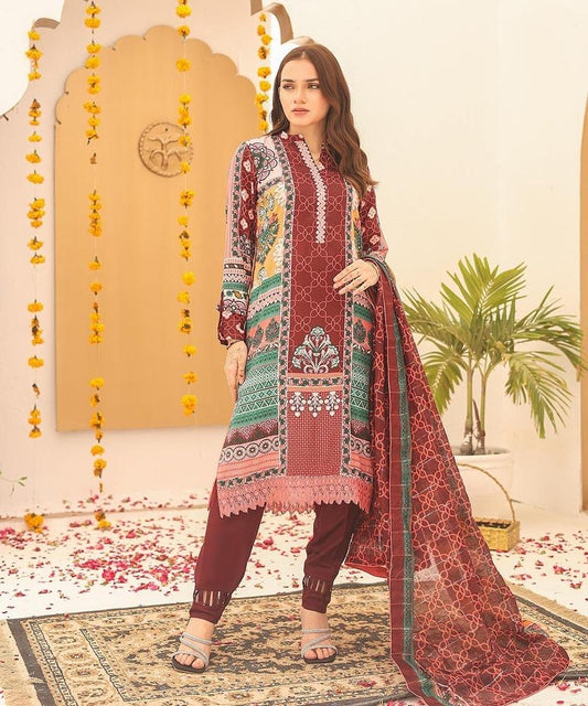 3 PCs Woman unstitched Swiss Lown printed Suit