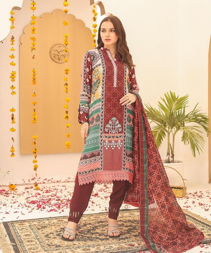 3 PCs Woman unstitched Swiss Lown printed Suit