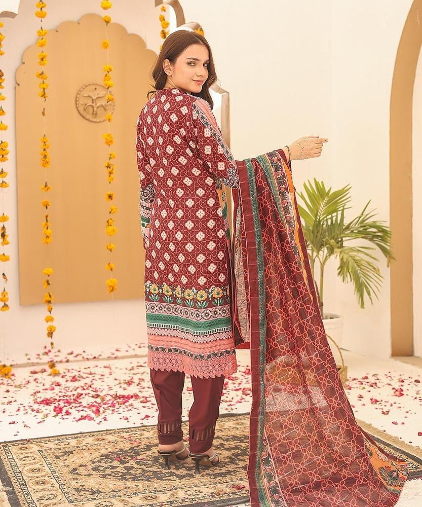 3 PCs Woman unstitched Swiss Lown printed Suit